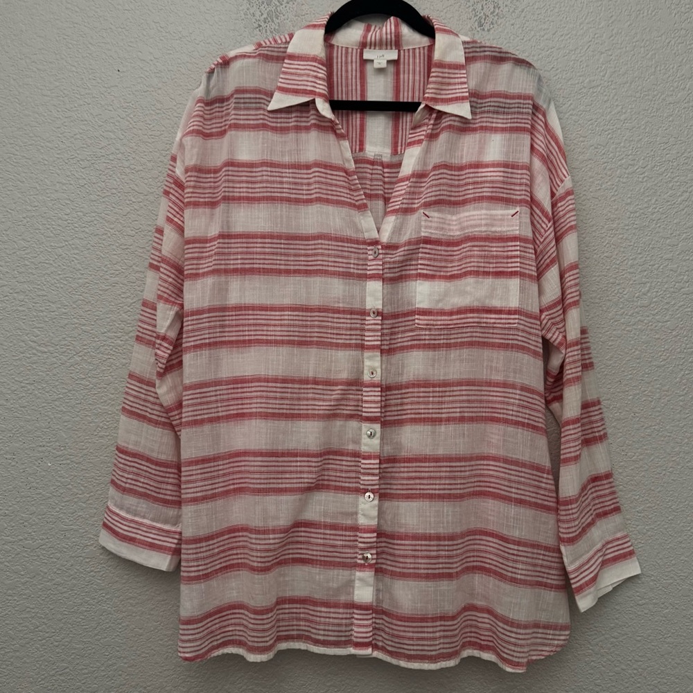 J.Jill Red White Striped‎ Button Front Shirt Lightweight Cotton Tunic Top XL